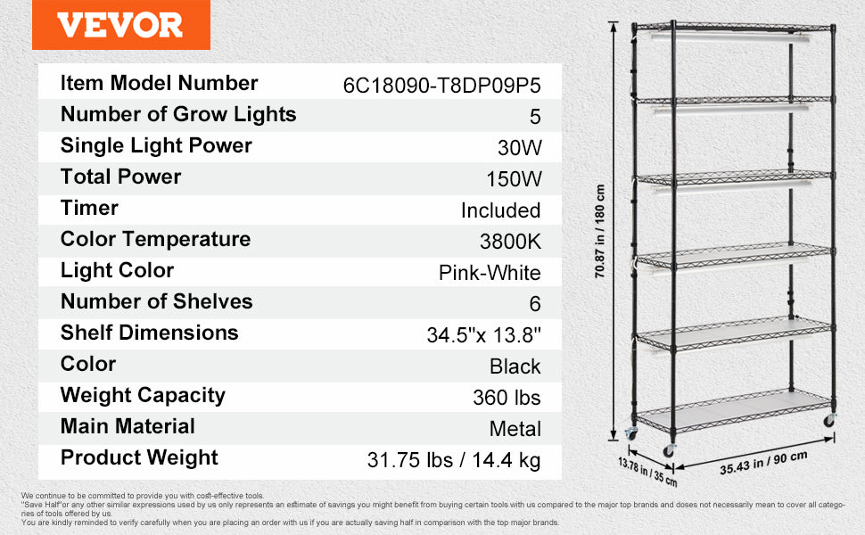 VEVOR 6-Tier Plant Stand with Grow Lights